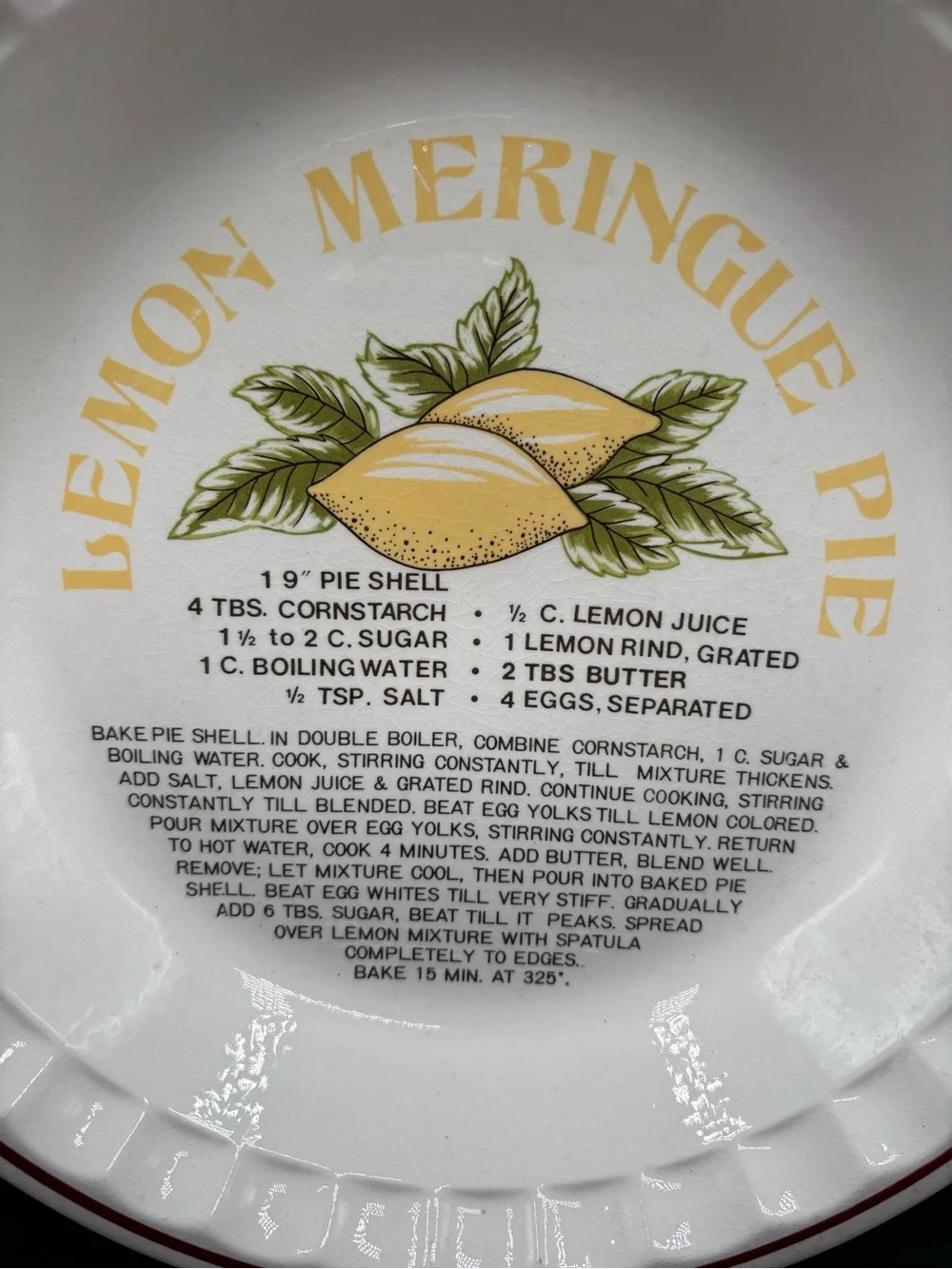 Vintage Lemon Meringue Pie Ceramic Serving Dish - White with Yellow Lemon Design